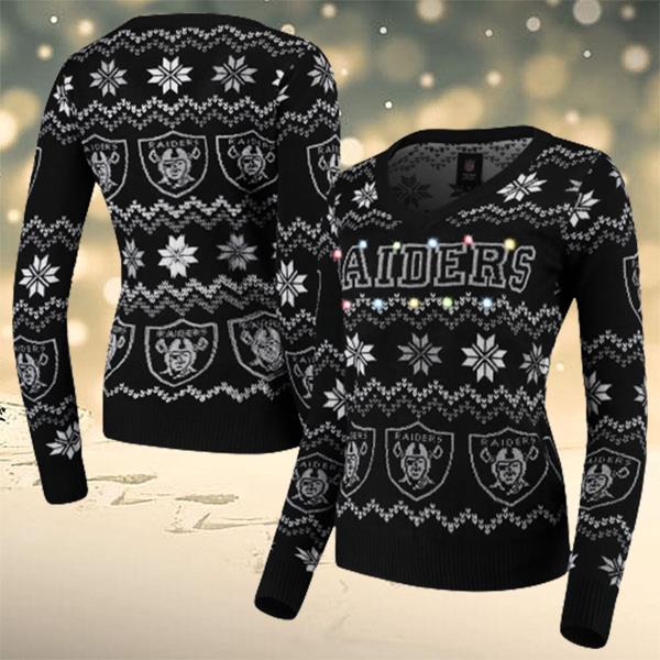 Las Vegas Raiders Light Up V-Neck Ugly Christmas Sweater For Women
