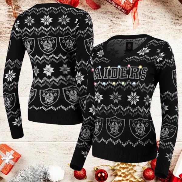 Las Vegas Raiders Light Up V-Neck Ugly Christmas Sweater For Women