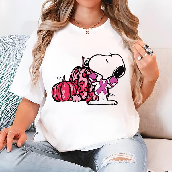 Peanuts Snoopy With Pink Ribbon Pumpkin Breast Cancer Awareness T-Shirt