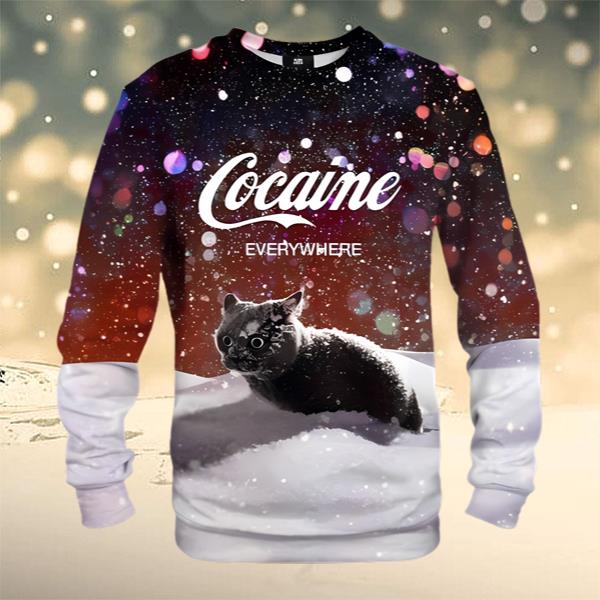 Snow Cat Cocaine in Everywhere Ugly Christmas Sweater