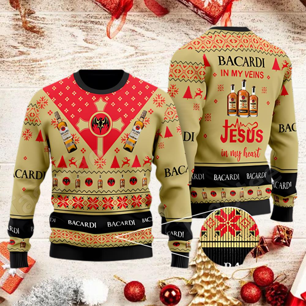 Bacardi Rum In My Veins Jesus In My Heart Ugly Christmas Sweater