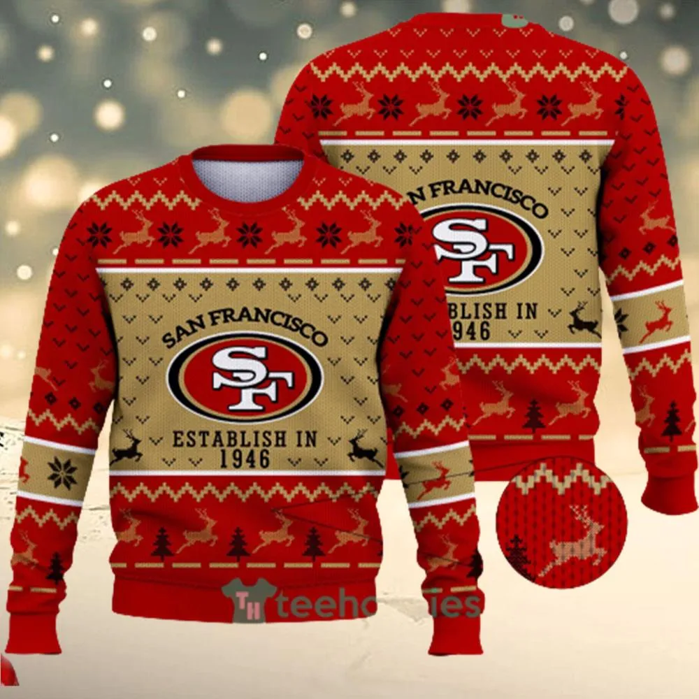 San Francisco 49ers Establish In 1946 Snowflake Reindeer Pattern Ugly Christmas Sweater