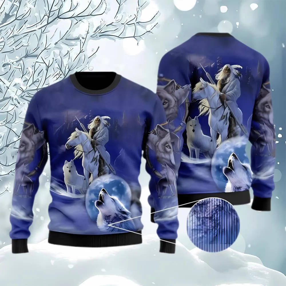 Wolf Native 3D Sweater Ugly Christmas Sweater For Men Women
