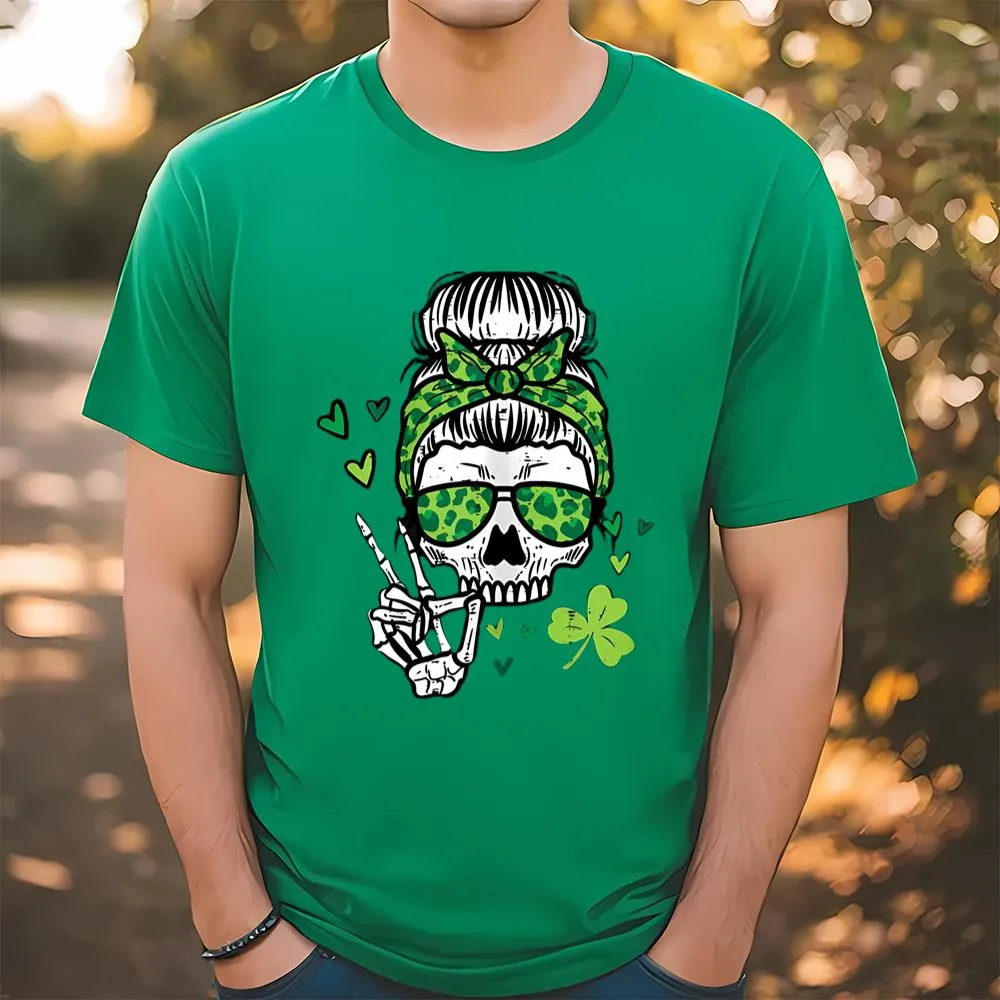 St Patricks Day Skull Messy Bun Saint Pattys Paddys T-Shirt