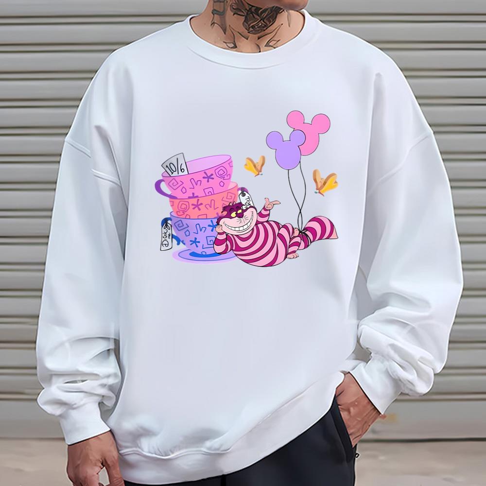 Disney Alice In Wonderland Cheshire Cat Mickey Ears Balloon Tea Cup Shirt