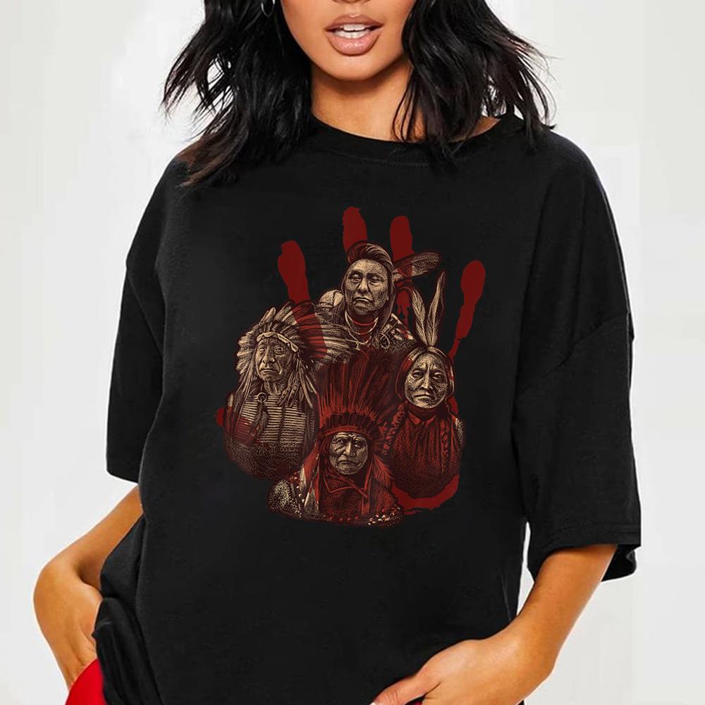 Native American Indigenous Red Hand Indian Blood Themed Tee Shirt